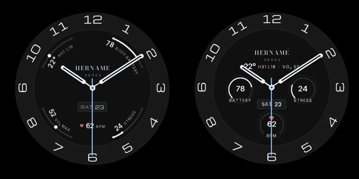 ブラック文字盤の HERNAME と HERNAME CHRONO アナログウォッチフェイス